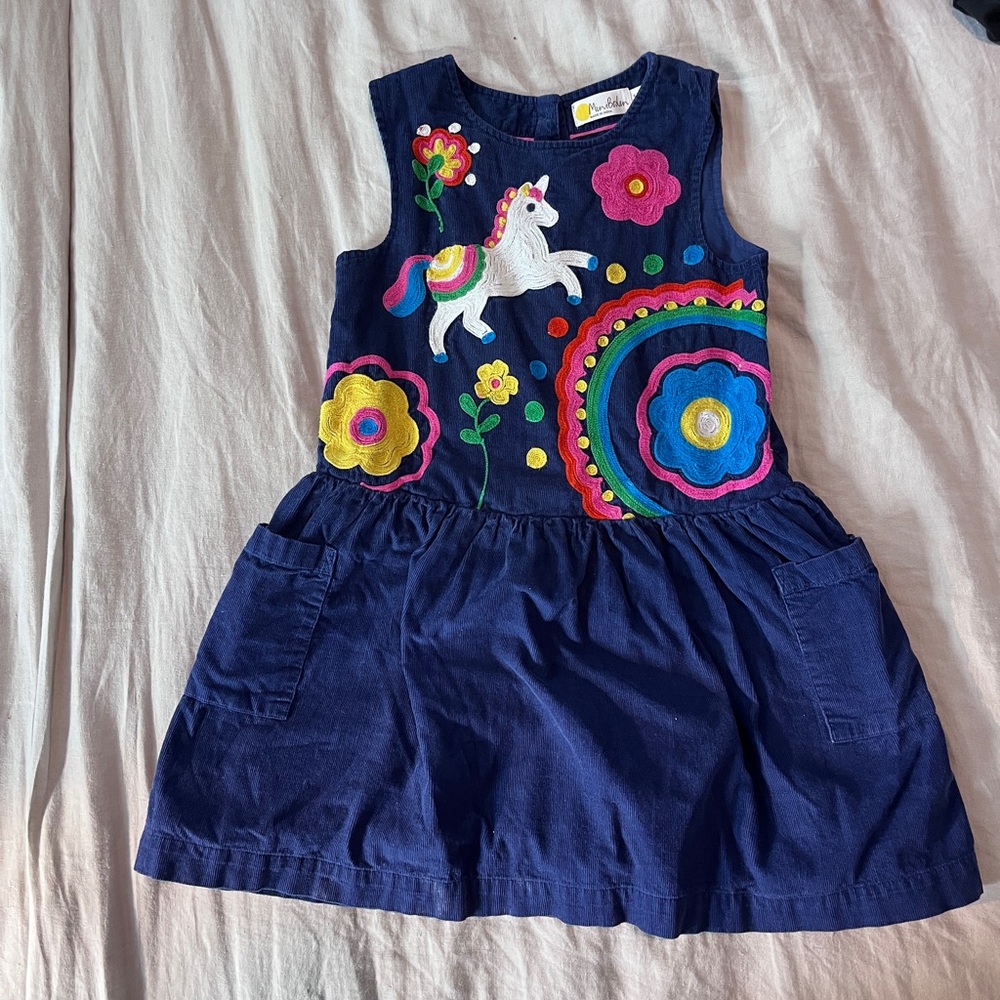 Mini Boden Girls Corduroy Dress Size 6–7Y – Navy with Unicorn & Rainbow Embroide